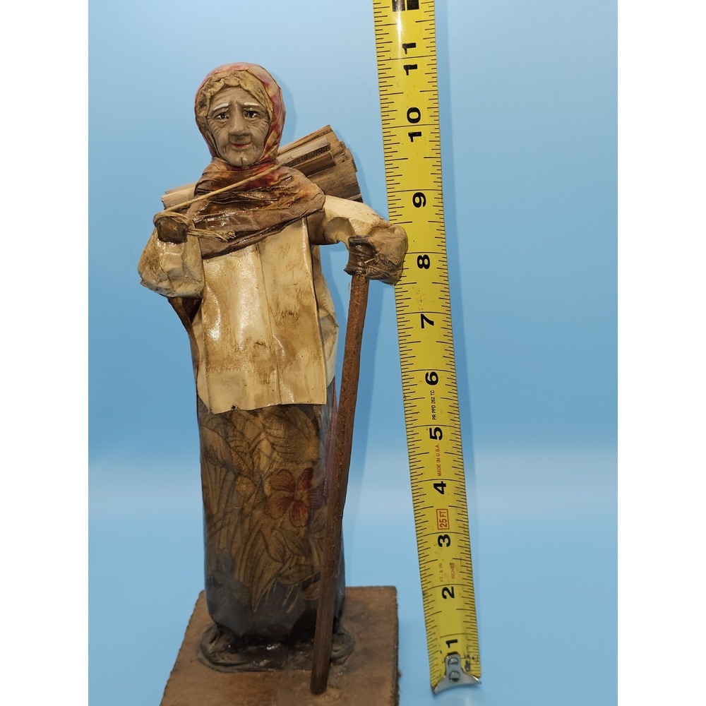 VINTAGE MEXICAN FOLK ART PAPER MACHE Old‎ Woman with Bundle on back and cane